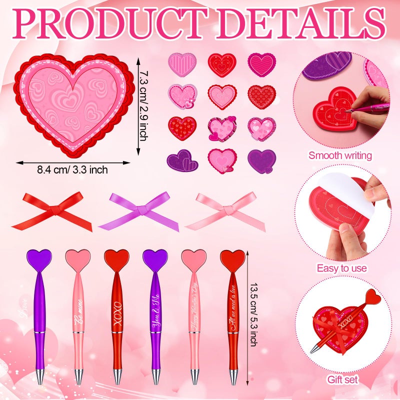 Thenshop 48 Pcs Valentine's Day Sticky Notes with Pens Set Galentines Gifts Bulk 24 Heart Ballpoint Pens 864 Sheets Heart Sticky Notes and 3 Rolls Ribbon for Valentines Exchange Gifts Party Favors - Image 3