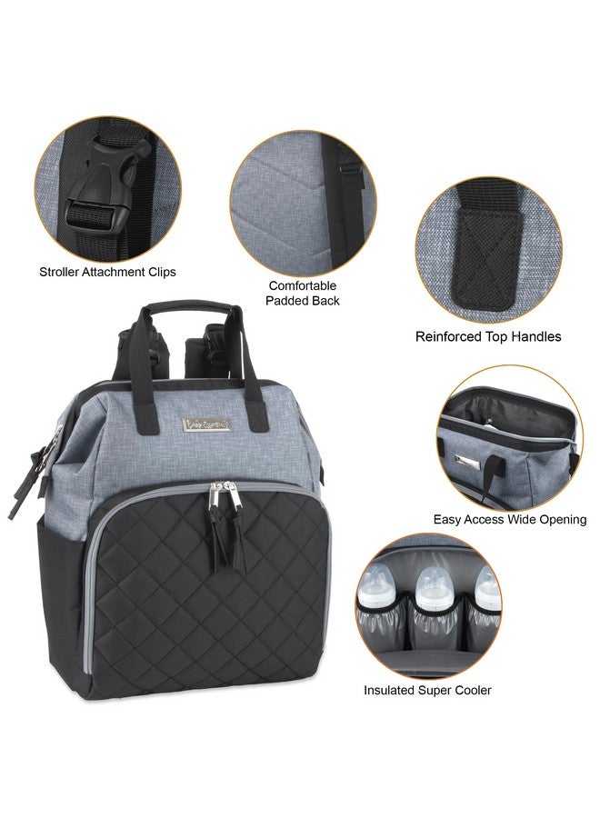 بيبي إيسينشيلز حقيبة ظهر حفاضات سوبر كولر الرئيسية من بيبي إسينشالز مع وسادة تغيير، وأحزمة عربة أطفال، وحجرة معزولة للزجاجات (أسود/رمادي) - Image 2