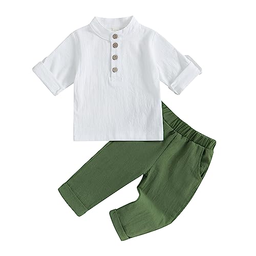 Karuedoo Toddler Baby Boy Clothes Cotton Linen Henley Shirts Button Down Long Sleeve Shirts Casual Pants Set (A-White Green, 6-12 Months) - Image 1