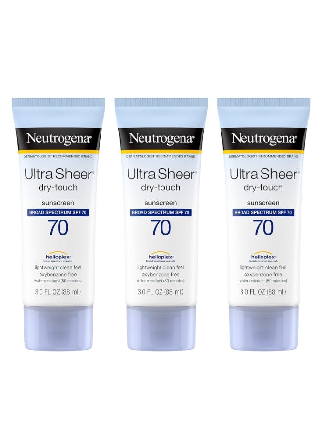 Neutrogena Ultra Sheer Dry-Touch Sunscreen Lotion, Broad Spectrum SPF 70 UVA/UVB Protection, Lightweight Water Resistant, Non-Comedogenic & Non-Greasy, Travel Size, 3 fl. oz (Pack of 3)Fluid Ounce - Image 1