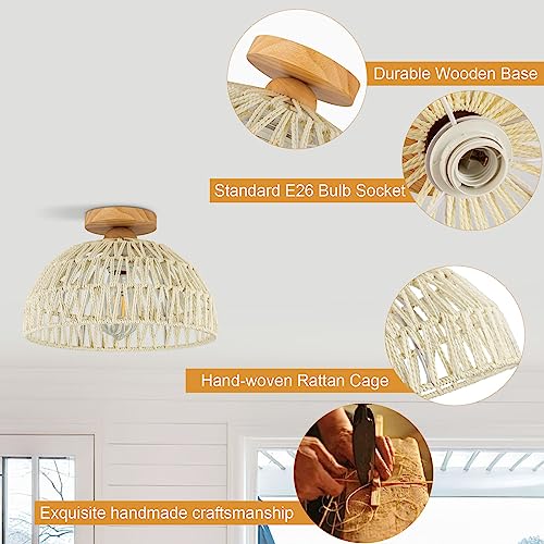 OCWHT Boho Ceiling Light Fixture Rattan Flush Mount Ceiling Light Bedroom Chandelier Hand-Woven Lamp Shade Wooden Base Small Chandelier Boho Ceilings Lamp for Hallway Nursery Kitchen - Image 5