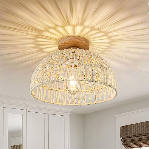 OCWHT Boho Ceiling Light Fixture Rattan Flush Mount Ceiling Light Bedroom Chandelier Hand-Woven Lamp Shade Wooden Base Small Chandelier Boho Ceilings Lamp for Hallway Nursery Kitchen - Image 1