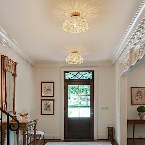 OCWHT Boho Ceiling Light Fixture Rattan Flush Mount Ceiling Light Bedroom Chandelier Hand-Woven Lamp Shade Wooden Base Small Chandelier Boho Ceilings Lamp for Hallway Nursery Kitchen - Image 3