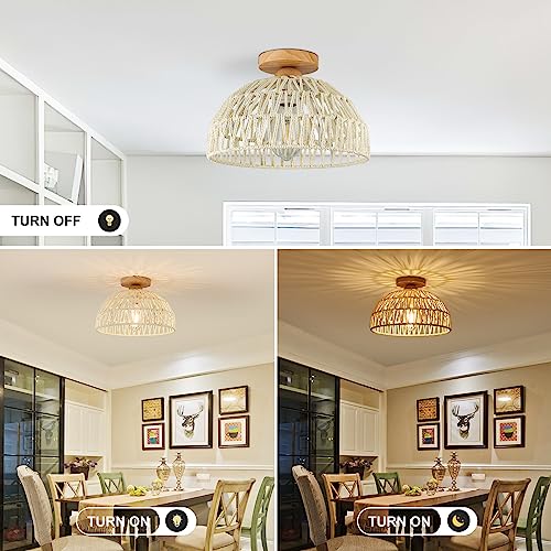 OCWHT Boho Ceiling Light Fixture Rattan Flush Mount Ceiling Light Bedroom Chandelier Hand-Woven Lamp Shade Wooden Base Small Chandelier Boho Ceilings Lamp for Hallway Nursery Kitchen - Image 4