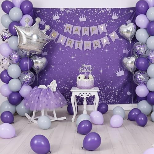FI - FLICK IN 49 PCS Purple Birthday Decorations Set Heart Foil & Crown Foil Balloon, Decoration Kit for Girls, Women, Kids, Party Supplies (Pack of 49) - Image 1