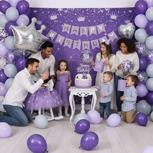 FI - FLICK IN 49 PCS Purple Birthday Decorations Set Heart Foil & Crown Foil Balloon, Decoration Kit for Girls, Women, Kids, Party Supplies (Pack of 49) - Image 5