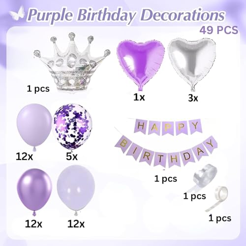 FI - FLICK IN 49 PCS Purple Birthday Decorations Set Heart Foil & Crown Foil Balloon, Decoration Kit for Girls, Women, Kids, Party Supplies (Pack of 49) - Image 2