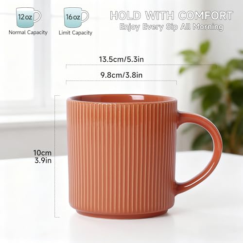MONITO 16Oz Coffee Mugs Set of 4, Rustic Ceramic Coffee Cups Set with Large Handle, Vintage Striped Stoneware Coffee Mugs for Latte, Cocoa, Tea, Milk, Microwave & Dishwasher Safe, BRICK RED - Image 2