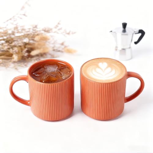 MONITO 16Oz Coffee Mugs Set of 4, Rustic Ceramic Coffee Cups Set with Large Handle, Vintage Striped Stoneware Coffee Mugs for Latte, Cocoa, Tea, Milk, Microwave & Dishwasher Safe, BRICK RED - Image 4