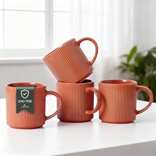 MONITO 16Oz Coffee Mugs Set of 4, Rustic Ceramic Coffee Cups Set with Large Handle, Vintage Striped Stoneware Coffee Mugs for Latte, Cocoa, Tea, Milk, Microwave & Dishwasher Safe, BRICK RED - Image 1