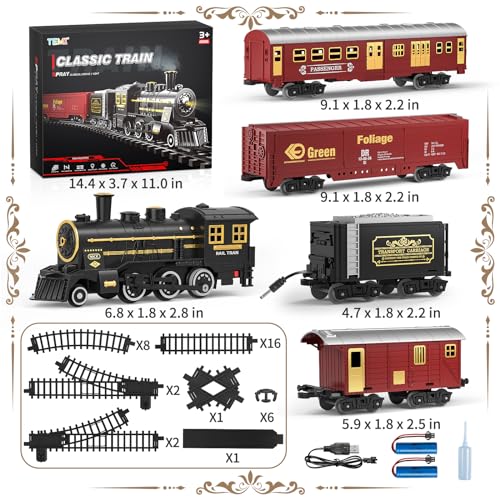 TEMI Train Set for Kids 3-12 Years, Electric Classical Steam Engine Locomotive with Steam, Light and Sounds, Rechargeable Model Trains Kit Toys w/Passenger Carriage for Boys and Girls - Image 2