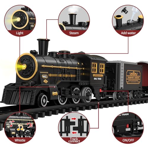 TEMI Train Set for Kids 3-12 Years, Electric Classical Steam Engine Locomotive with Steam, Light and Sounds, Rechargeable Model Trains Kit Toys w/Passenger Carriage for Boys and Girls - Image 3