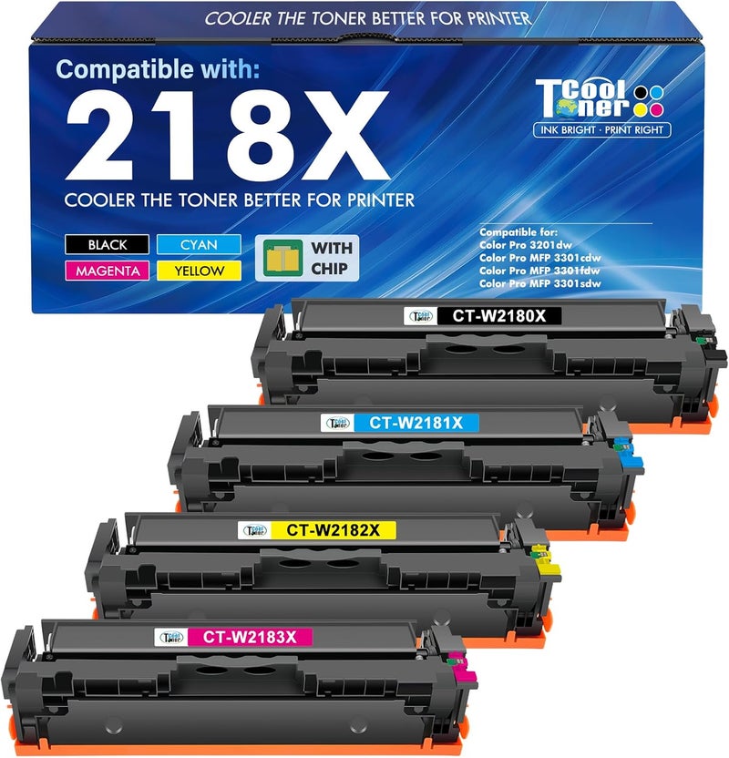 كول تونر خراطيش حبر 218X عبوة 4 قطع 218 3301fdw 3201dw 3301 218A متوافقة مع HP 218X 218A Color LaserJet Pro MFP 3301cdw 3301sdw مجموعة حبر W2180X عالية الإنتاجية مع شريحة (أسود سماوي أصفر أرجواني) - Image 1