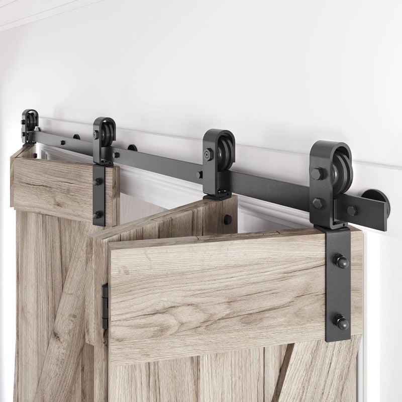 Roymelo 64" Bifold Sliding Barn Door Hardware Track Kit,Side Mounted Black J Shape Roller,Smoothly and Quietly,Assembly Easy,Fit Four 15" Bi-Folding Doors (Door Not Included) - Image 1