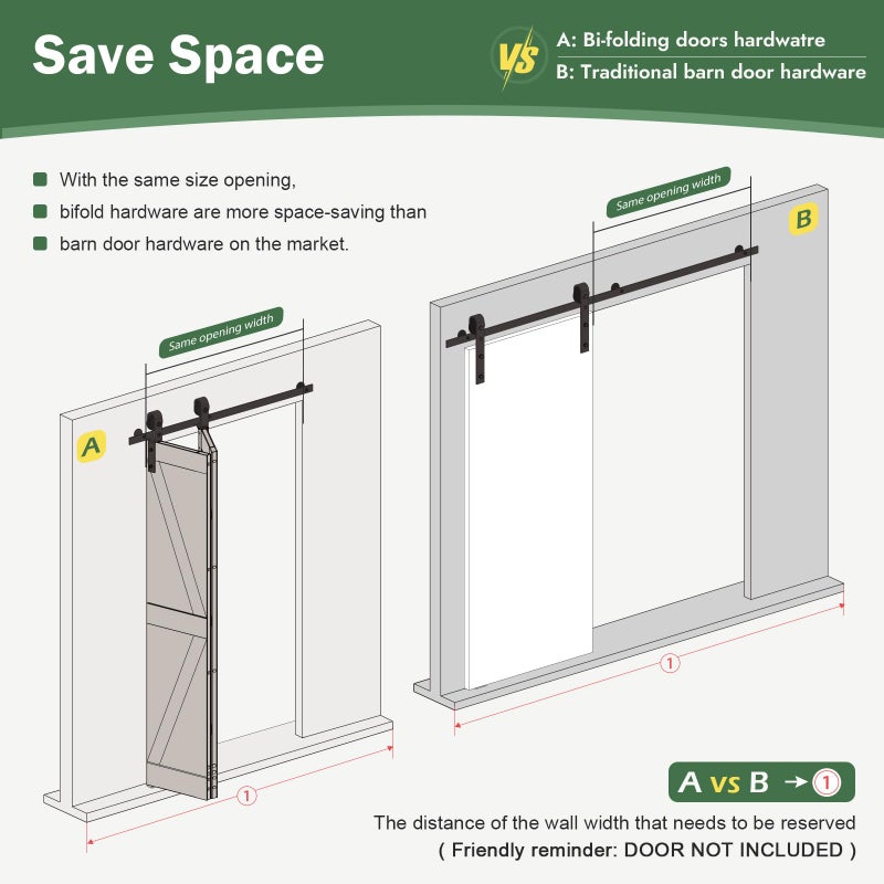 Roymelo 64" Bifold Sliding Barn Door Hardware Track Kit,Side Mounted Black J Shape Roller,Smoothly and Quietly,Assembly Easy,Fit Four 15" Bi-Folding Doors (Door Not Included) - Image 3