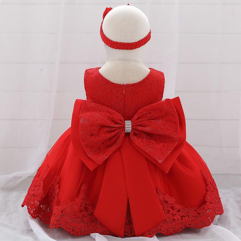 Amazon Baby Dress Big Bow Lace Wedding Princess Dress Baby One Year Old Wash Dress Hair Belt L1911XZ-Red 