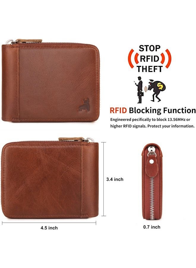 CALFART Slim Zipper Wallets For Men RFID Leather Mens Bifold Creidt Card Holder Zip Around Wallet With Coin Pocket, Brown, Medium, Zipper Wallets for Men - Image 4