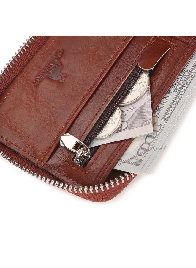 CALFART Slim Zipper Wallets For Men RFID Leather Mens Bifold Creidt Card Holder Zip Around Wallet With Coin Pocket, Brown, Medium, Zipper Wallets for Men - Image 3
