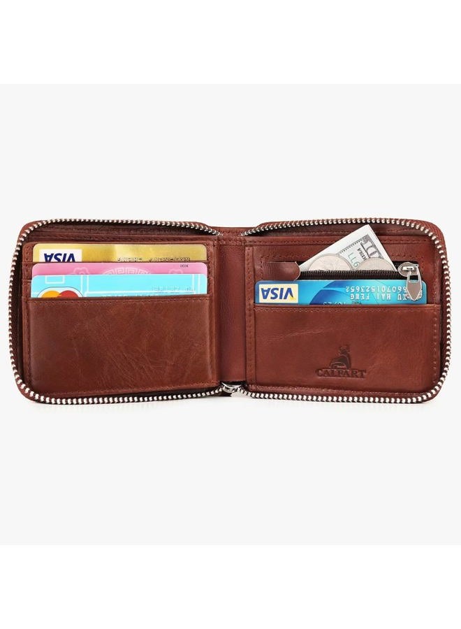 CALFART Slim Zipper Wallets For Men RFID Leather Mens Bifold Creidt Card Holder Zip Around Wallet With Coin Pocket, Brown, Medium, Zipper Wallets for Men - Image 2