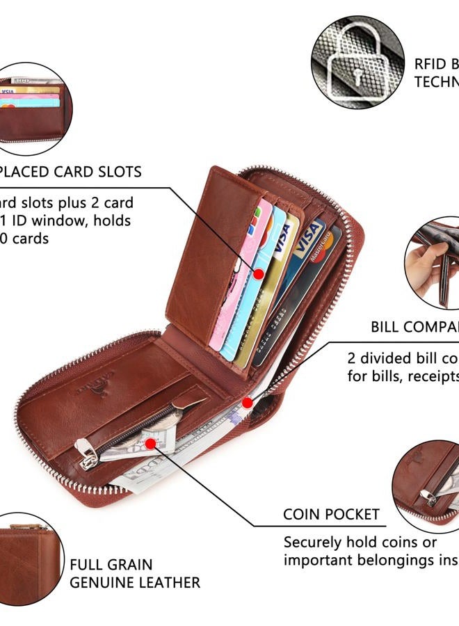CALFART Slim Zipper Wallets For Men RFID Leather Mens Bifold Creidt Card Holder Zip Around Wallet With Coin Pocket, Brown, Medium, Zipper Wallets for Men - Image 5