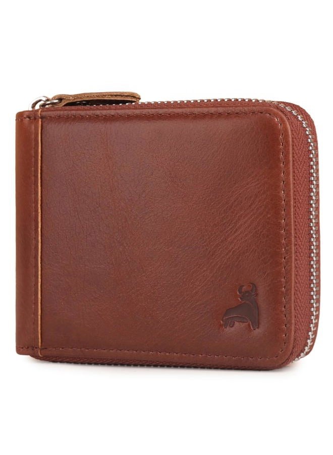 CALFART Slim Zipper Wallets For Men RFID Leather Mens Bifold Creidt Card Holder Zip Around Wallet With Coin Pocket, Brown, Medium, Zipper Wallets for Men - Image 1
