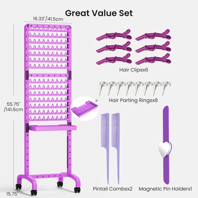Sunnacate Braiding Hair Rack 280 Pegs with Tray and Braid Tools, Mobile Braid Rack with Wheels, Height Adjustable, Standing Braider Rack Stand Separator Hair Extension Holder Hanger for Salon Home - Image 3