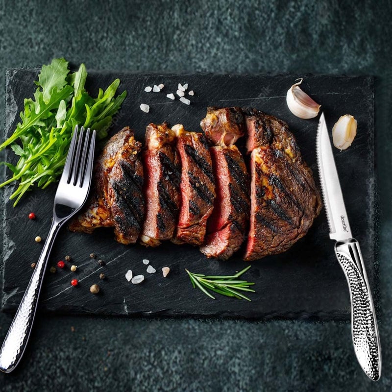 dearithe Steak Knives Set of 6, Stainless Steel Serrated Sharp Blade Steak Knife Set, Hammered Pattern Handle,4.5 In,For Kitchen Restaurant Tableware, Dishwasher Safe - Image 5