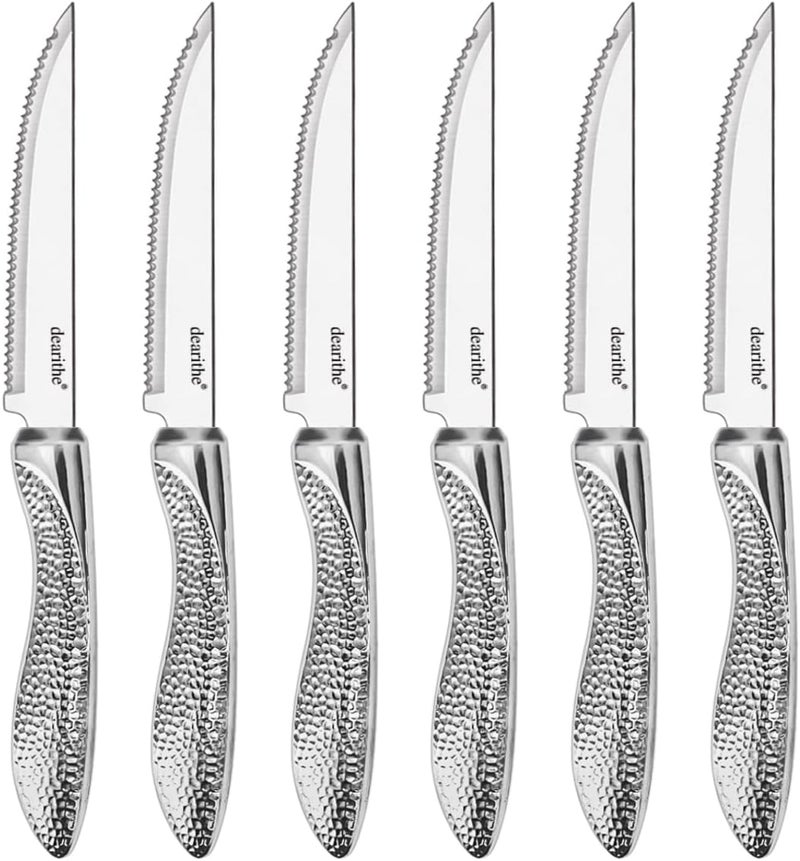 dearithe Steak Knives Set of 6, Stainless Steel Serrated Sharp Blade Steak Knife Set, Hammered Pattern Handle,4.5 In,For Kitchen Restaurant Tableware, Dishwasher Safe - Image 1