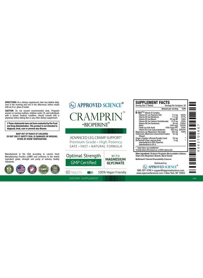 Approved Science - ® Cramprin - Leg Cramp Supplement - 60 Natural Tablets - Includes B-Sci™, Magnesium Glycinate, and Chamomile - 1 Month Supply - Image 1