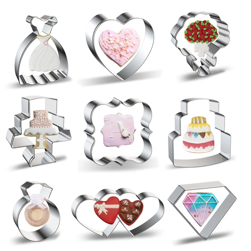 Xzhloym Wedding Cookie Cutters Shapes Set for Baking 9-Piece Square Plaque  Wedding Cake  Wedding Dress  Diamond Ring  Double Heart  Jewel Gemstone  Flower Bouquet  Heart Cookie Cutter Biscuit Fondant Molds - Image 1