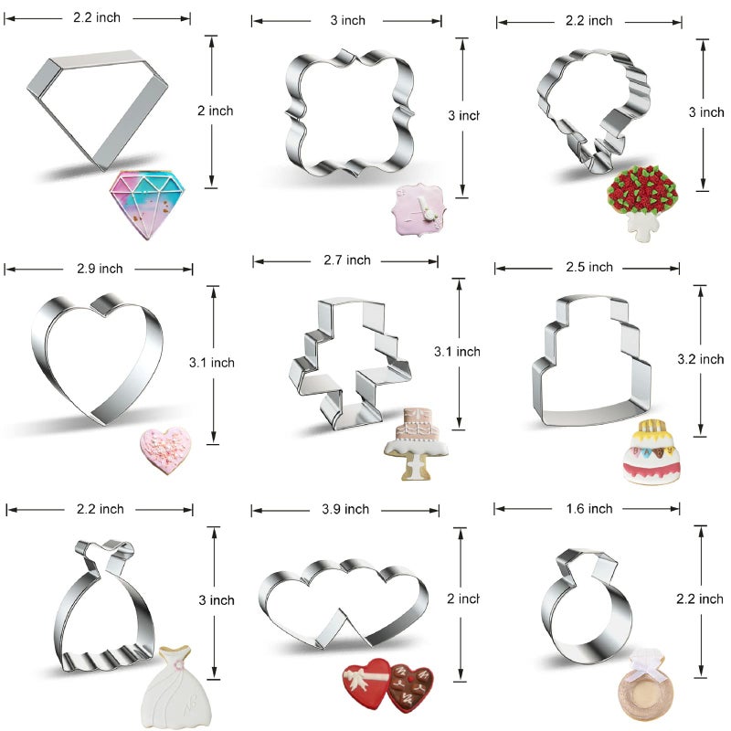 Xzhloym Wedding Cookie Cutters Shapes Set for Baking 9-Piece Square Plaque  Wedding Cake  Wedding Dress  Diamond Ring  Double Heart  Jewel Gemstone  Flower Bouquet  Heart Cookie Cutter Biscuit Fondant Molds - Image 2