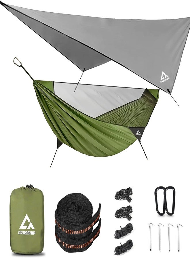 CROSSHIP Camping Hammock with Mosquito Net and Rain Fly Tarp - 2 Person Hammock Tent, Portable Parachute Nylon Hammock for Outdoor, Hiking, Backpacking, Backyard, Beach, Travel (Hold Up to 500lbs) - Image 1
