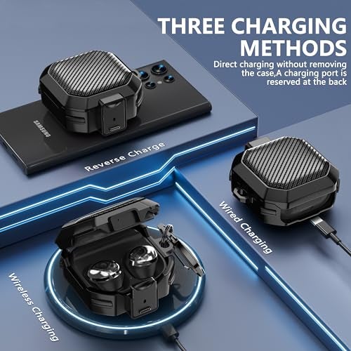 Galafoki with Lock Carbon Fiber Case for Samsung Galaxy Buds FE Case (2023) / Galaxy Buds 2 Pro Cases 2022/ Bud Pro 2021 /Bud 2 2021/ Bud Live 2020 with Keychain and Cleaner Kit - Black - Image 4