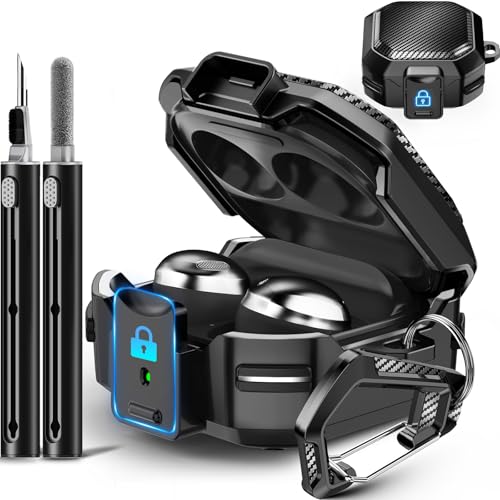 Galafoki with Lock Carbon Fiber Case for Samsung Galaxy Buds FE Case (2023) / Galaxy Buds 2 Pro Cases 2022/ Bud Pro 2021 /Bud 2 2021/ Bud Live 2020 with Keychain and Cleaner Kit - Black - Image 1