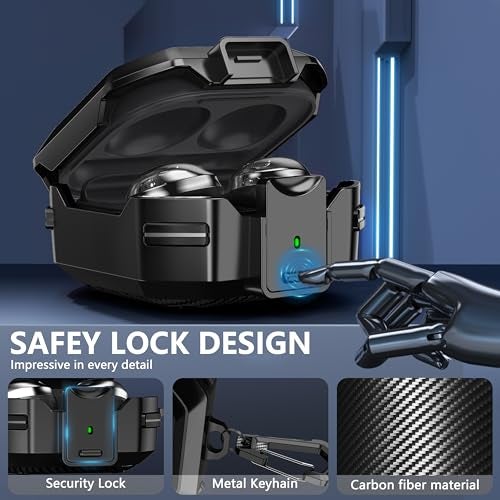 Galafoki with Lock Carbon Fiber Case for Samsung Galaxy Buds FE Case (2023) / Galaxy Buds 2 Pro Cases 2022/ Bud Pro 2021 /Bud 2 2021/ Bud Live 2020 with Keychain and Cleaner Kit - Black - Image 3