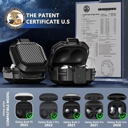 Galafoki with Lock Carbon Fiber Case for Samsung Galaxy Buds FE Case (2023) / Galaxy Buds 2 Pro Cases 2022/ Bud Pro 2021 /Bud 2 2021/ Bud Live 2020 with Keychain and Cleaner Kit - Black - Image 2