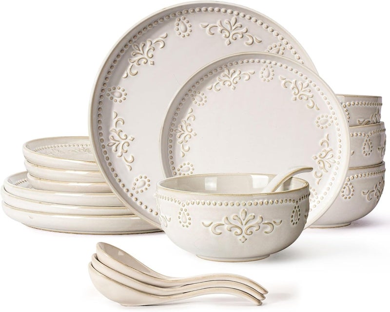 Artena Plates And Bowls Sets 16 Pieces Dinnerware Sets Dish Set For 4 Ceramic Kitchen Bowl And Plate Set Embossed White Dishware Sets Dishwasher  Microwave Safe Damask Floral - Image 1