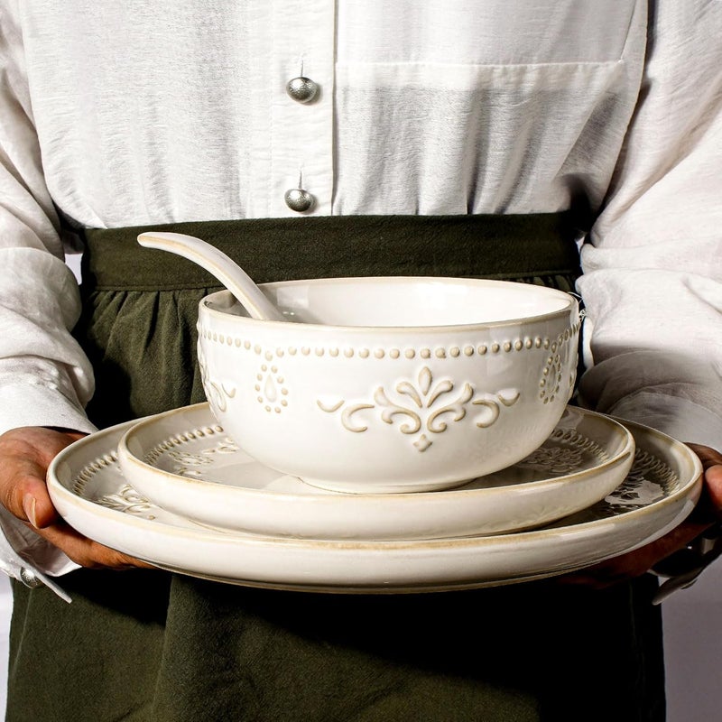 Artena Plates And Bowls Sets 16 Pieces Dinnerware Sets Dish Set For 4 Ceramic Kitchen Bowl And Plate Set Embossed White Dishware Sets Dishwasher  Microwave Safe Damask Floral - Image 4