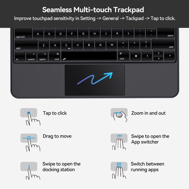 AUSDOM Magic-Style Keyboard Case for 2024 iPad Air 13(M2) and iPad Pro 12.9 (6th/5th/4th/3rd Gen), Magnetic Floating Wireless Backlit Rechargeable Bluetooth Keyboard with Multi-Touch Trackpad, Black - Image 4