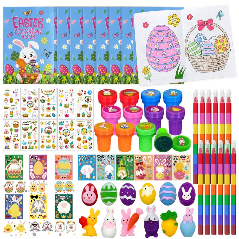 Cinrobiye 72 Pcs Easter Party Favors Set Easter Basket Stuffers with Coloring Books Stacking Crayons Tattoos Stampers Puzzles Stickers Classroom Gifts Spring Easter Party Supplies - Image 1