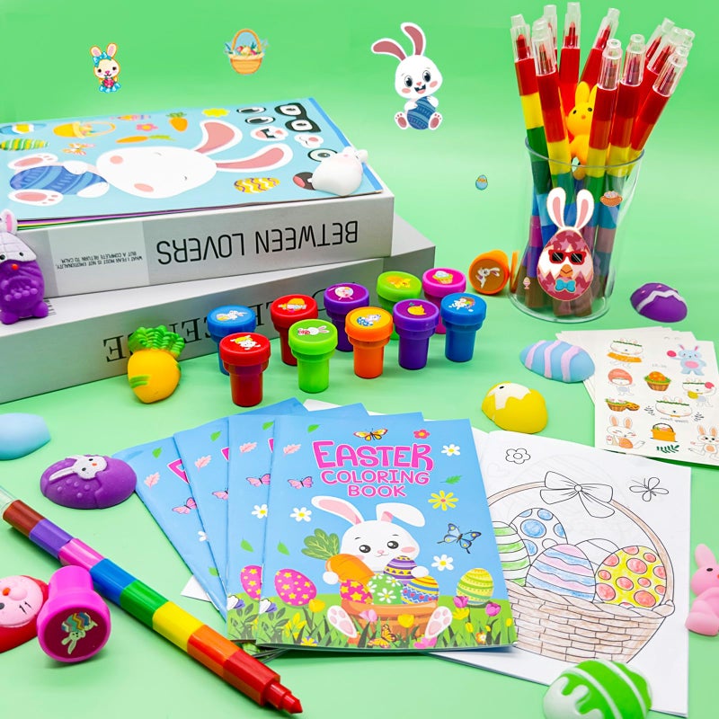 Cinrobiye 72 Pcs Easter Party Favors Set Easter Basket Stuffers with Coloring Books Stacking Crayons Tattoos Stampers Puzzles Stickers Classroom Gifts Spring Easter Party Supplies - Image 4