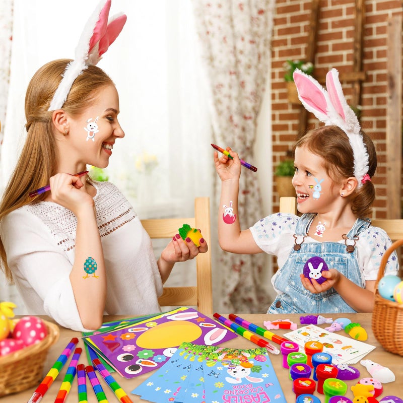 Cinrobiye 72 Pcs Easter Party Favors Set Easter Basket Stuffers with Coloring Books Stacking Crayons Tattoos Stampers Puzzles Stickers Classroom Gifts Spring Easter Party Supplies - Image 5