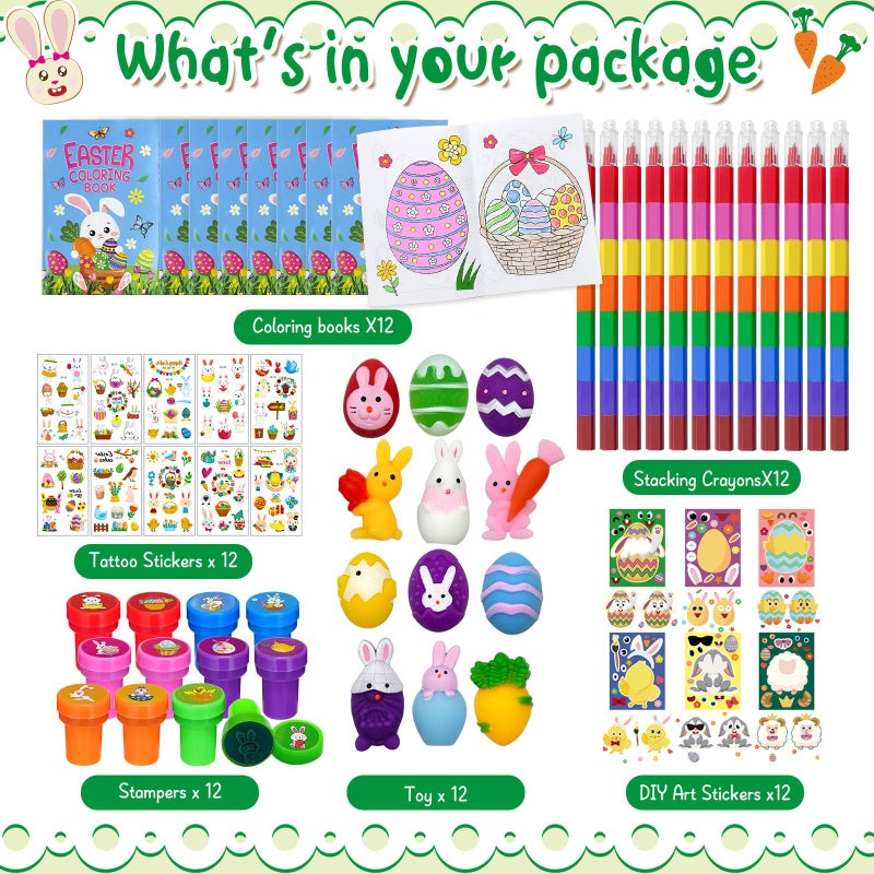 Cinrobiye 72 Pcs Easter Party Favors Set Easter Basket Stuffers with Coloring Books Stacking Crayons Tattoos Stampers Puzzles Stickers Classroom Gifts Spring Easter Party Supplies - Image 2