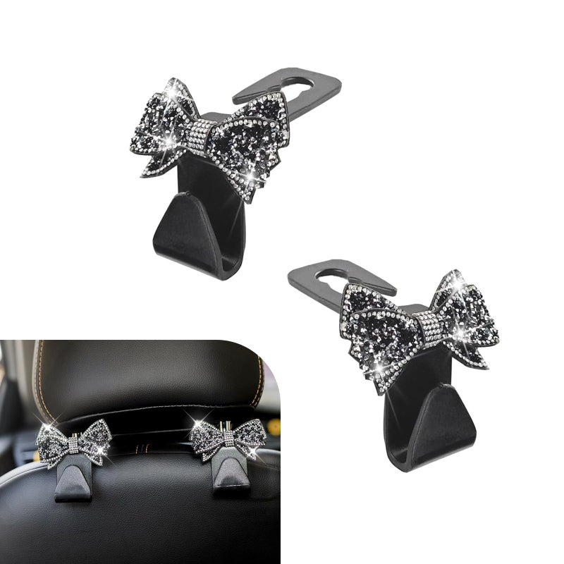 MOXRUQ 2 PCS Bling Bow Car Seat Headrest Hooks S Type Crystal Seat Back Hangers Universal Vehicle Storage Organizer for Handbag Purse Coat Grocery Bags Black - Image 3