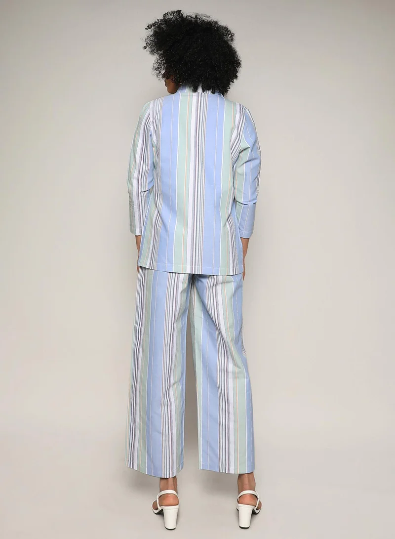 PINACOLADA  Women's Powder Blue:Sage Green Unbalanced Striped Double-Breasted Co-Ord Set For Casual Wear | Lapel Collar | Long Sleeve | Button Closure | Co-Ords Designed With Comfortable Fit For Woman & Girls for Women | Best Price UAE