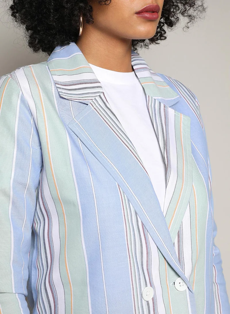 PINACOLADA  Women's Powder Blue:Sage Green Unbalanced Striped Double-Breasted Co-Ord Set For Casual Wear | Lapel Collar | Long Sleeve | Button Closure | Co-Ords Designed With Comfortable Fit For Woman & Girls for Women | Best Price UAE