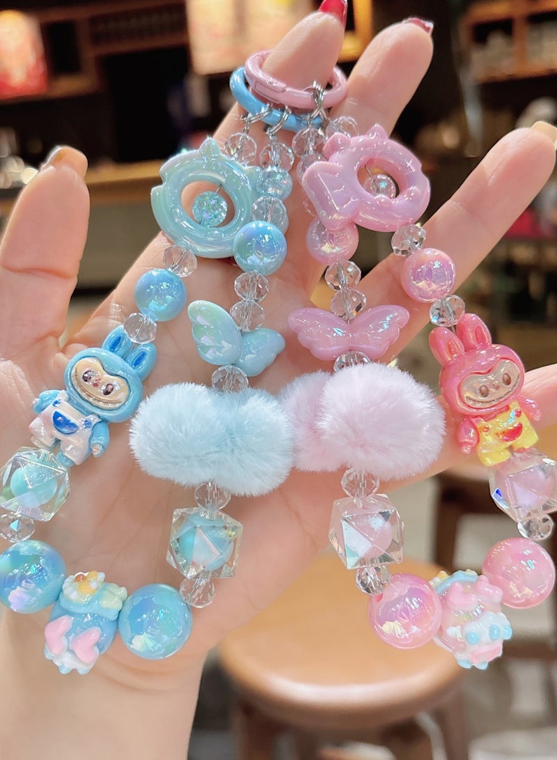 Generic 2-Piece Bling Keychains with Labubu, Pom-Pom and Assorted Beads | Kawaii Bag Charms and Phone Charms, Perfect Gifts for Besties and Girlfriends | Car Keychain Accessories | Blue and Pink  - Image 1