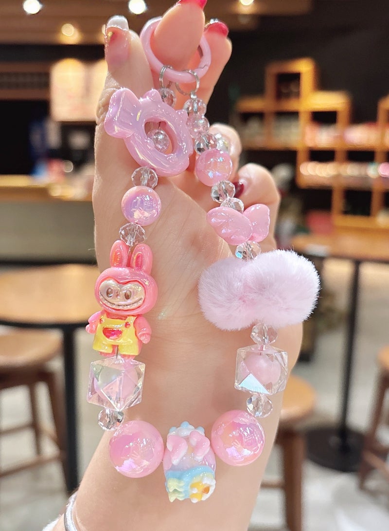 Generic 2-Piece Bling Keychains with Labubu, Pom-Pom and Assorted Beads | Kawaii Bag Charms and Phone Charms, Perfect Gifts for Besties and Girlfriends | Car Keychain Accessories | Blue and Pink  - Image 3