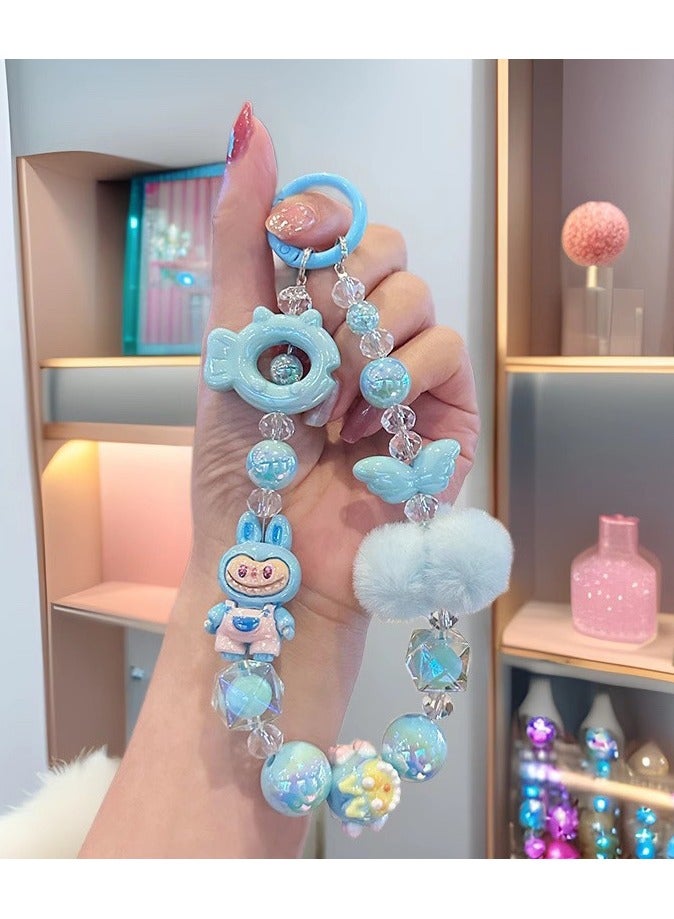 Generic 2-Piece Bling Keychains with Labubu, Pom-Pom and Assorted Beads | Kawaii Bag Charms and Phone Charms, Perfect Gifts for Besties and Girlfriends | Car Keychain Accessories | Blue and Pink  - Image 4