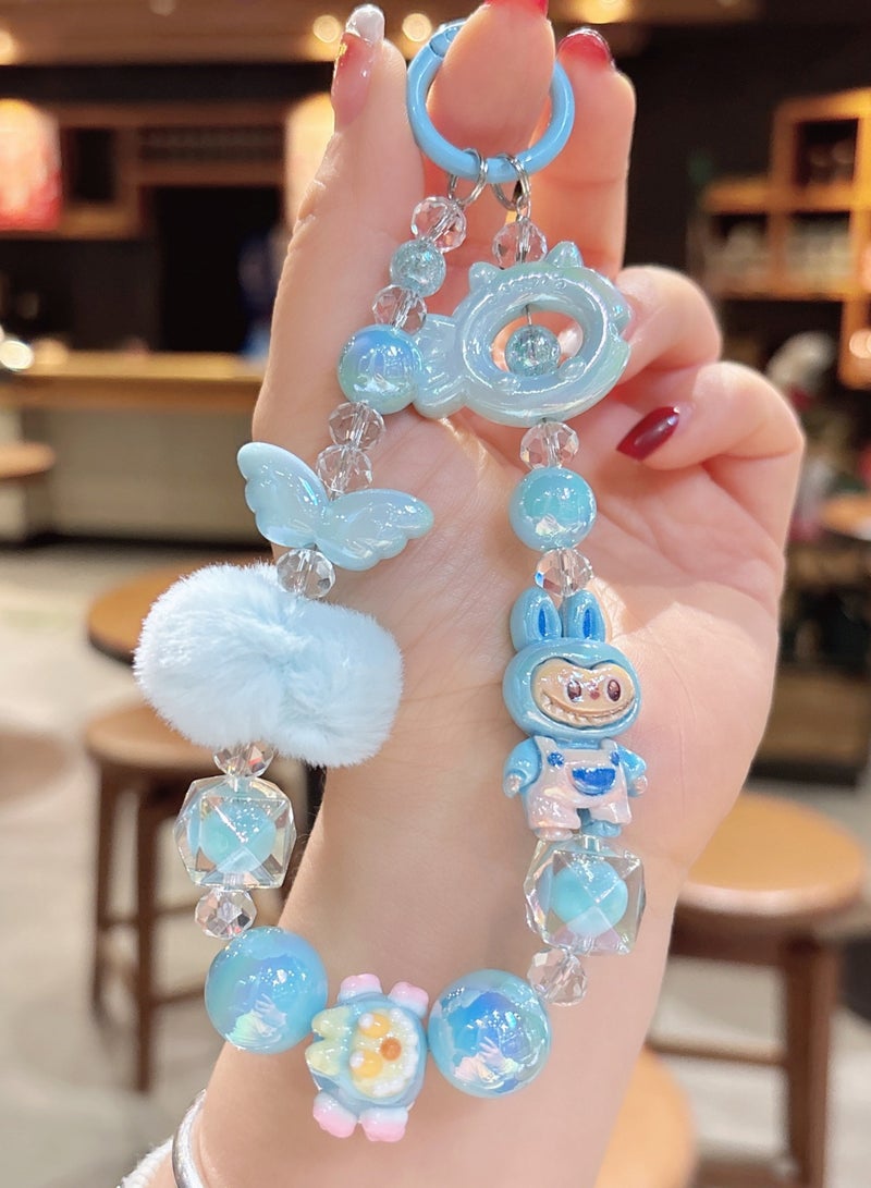Generic 2-Piece Bling Keychains with Labubu, Pom-Pom and Assorted Beads | Kawaii Bag Charms and Phone Charms, Perfect Gifts for Besties and Girlfriends | Car Keychain Accessories | Blue and Pink  - Image 2